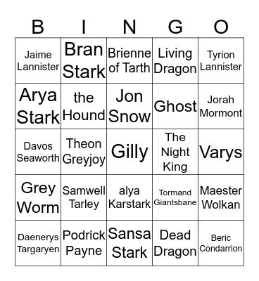 the Battle of Winterfell Bingo Card