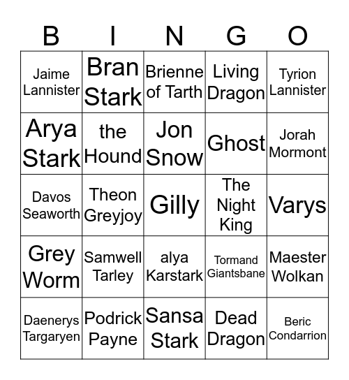 the Battle of Winterfell Bingo Card