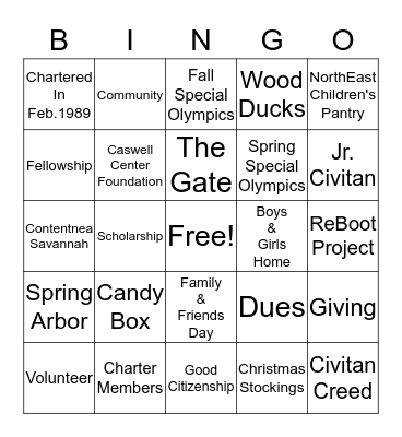 KINSTON CIVITAN CLUB BINGO Card