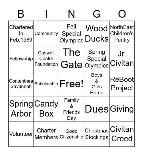 KINSTON CIVITAN CLUB BINGO Card