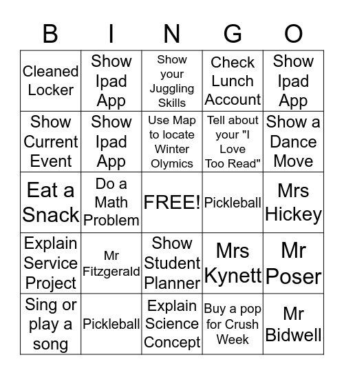 Middle Level Bingo Card