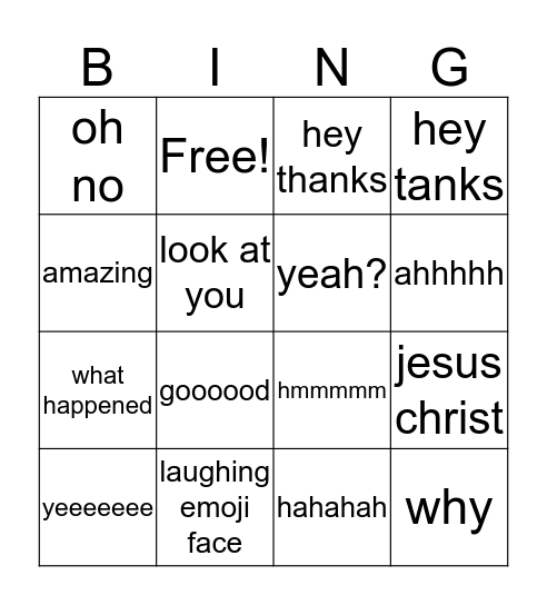 Kim's Text Responses Bingo Card