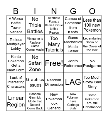 Pokemon Sword and Shield Bingo Card