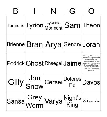 Game of Thrones Season 8 Episode 3 Deaths Bingo Card