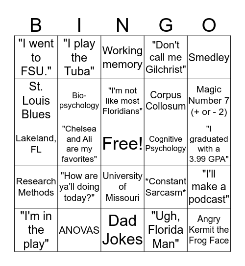 Dr. G's Bingo Card Bingo Card