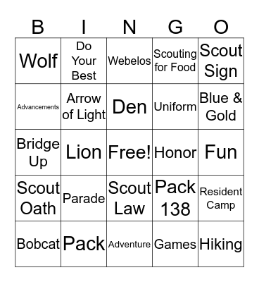 Pack 92 Bingo Card