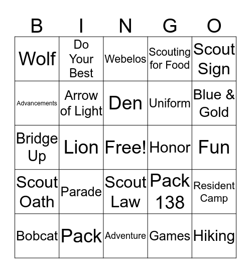 Pack 92 Bingo Card