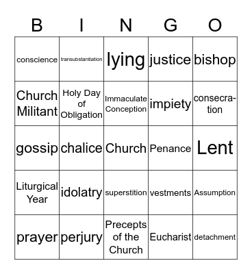 Sixth Grade Religion Vocabulary Bingo Card