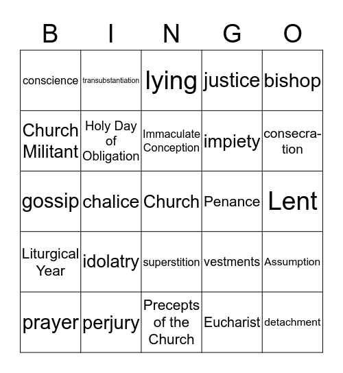 Sixth Grade Religion Vocabulary Bingo Card