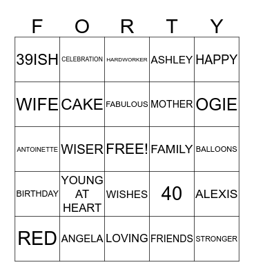 Shirley Fabulous & Forty Bingo Card