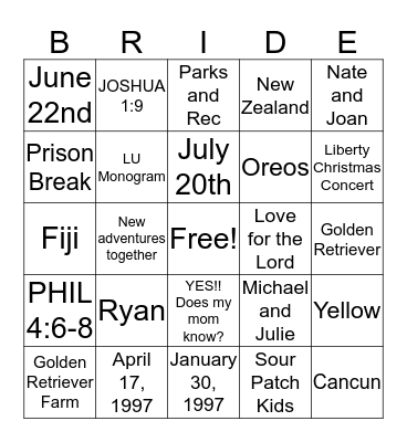 Bridal Trivia Bingo Card