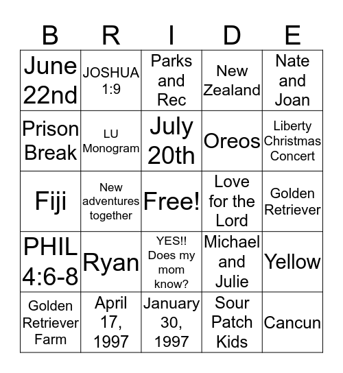 Bridal Trivia Bingo Card