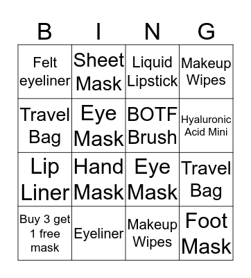 Sephora Collection Bingo Card