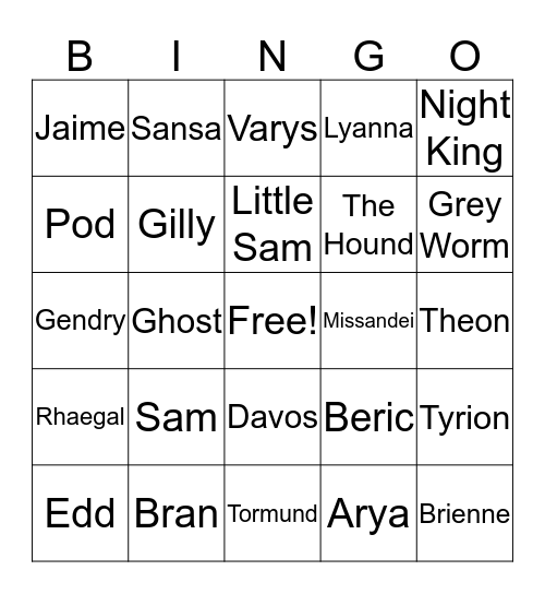 GoT Winterfell Bingo Card