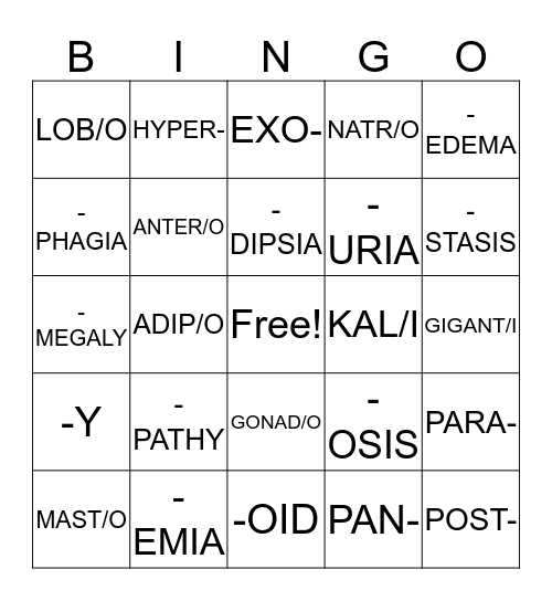 Endocrine System Bingo Card