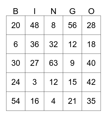 Multiplication Bingo Card
