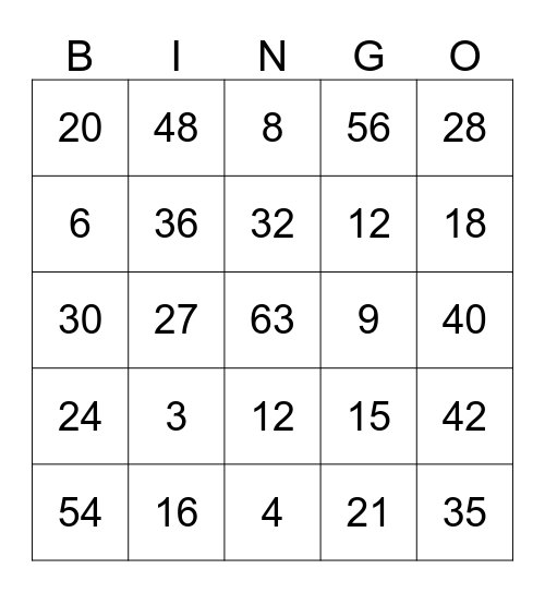 Multiplication Bingo Card