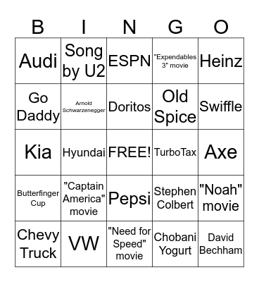 Super Bowl Commercial Bingo Card