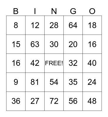 Multiplication Bingo Card