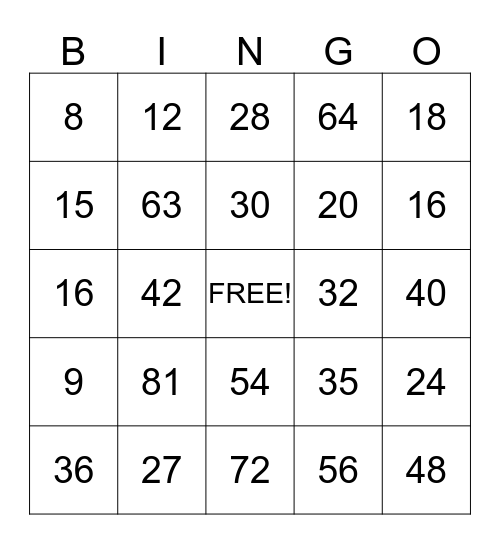 Multiplication Bingo Card