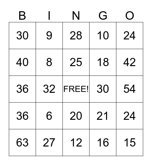 Multiplication Bingo Card