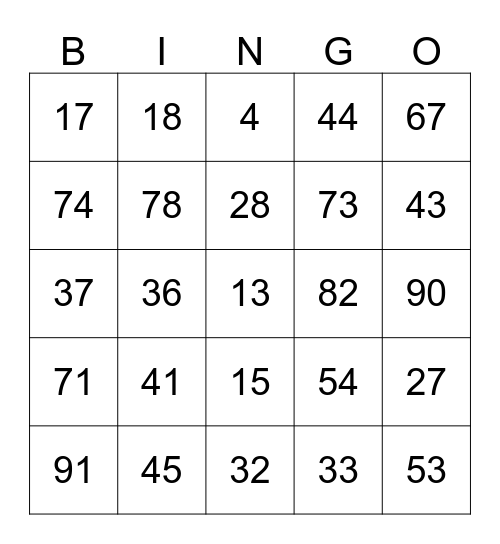 Nomor-Nomor 1-100 Bingo Card