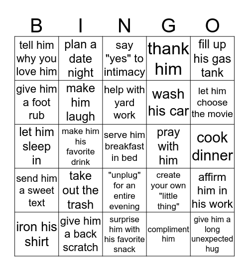 ITS THE LITTLE THINGS (FOR HIM) Bingo Card