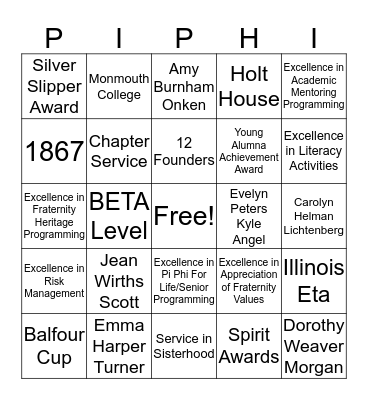 Pi Beta Phi Bingo Card