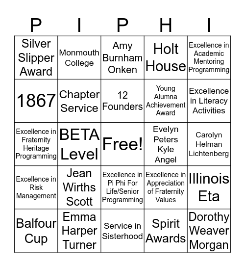 Pi Beta Phi Bingo Card