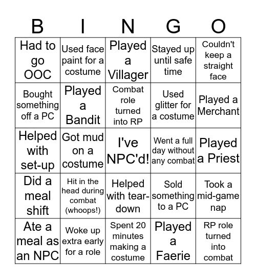 Gothic LARP NPC Bingo Card