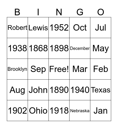 Indexing Bingo Card