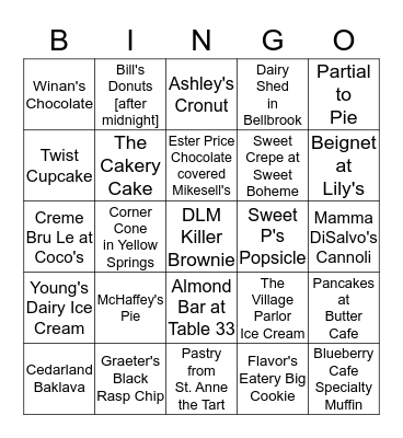 Desserts of Dayton Bingo Card