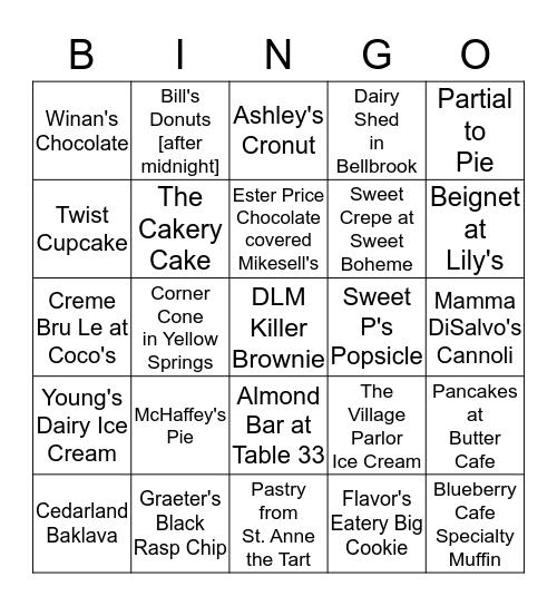 Desserts of Dayton Bingo Card