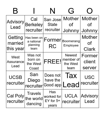 West Campus Recruiting Bingo Card