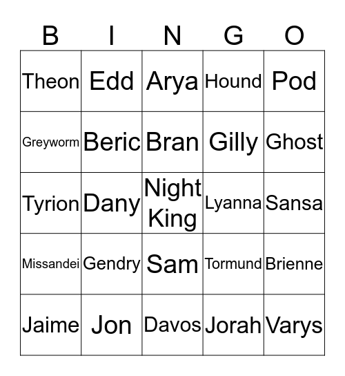 Battle of Winterfell Bingo Card