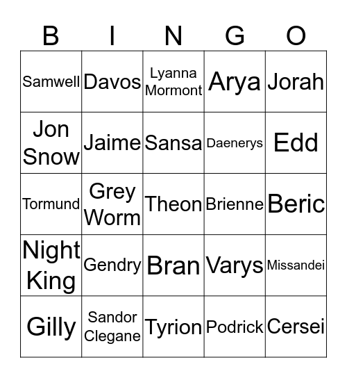 Game of Thrones Death Bingo Card