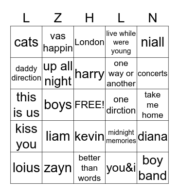 One  Direction Bingo Card
