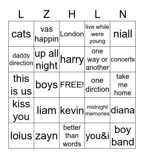 One  Direction Bingo Card