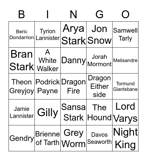 GoT -- Battle of Winterfell Bingo Card