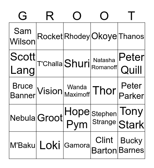 Avengers: Endgame Bingo Card