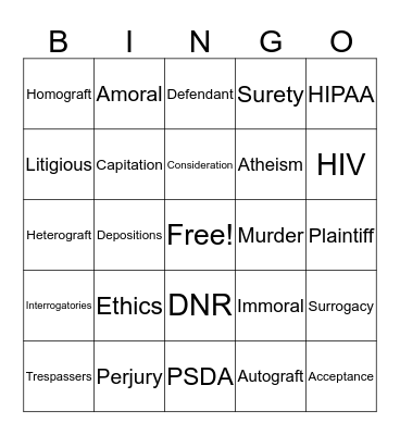 Medical Legal Issues Bingo Card