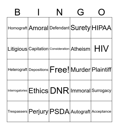 Medical Legal Issues Bingo Card