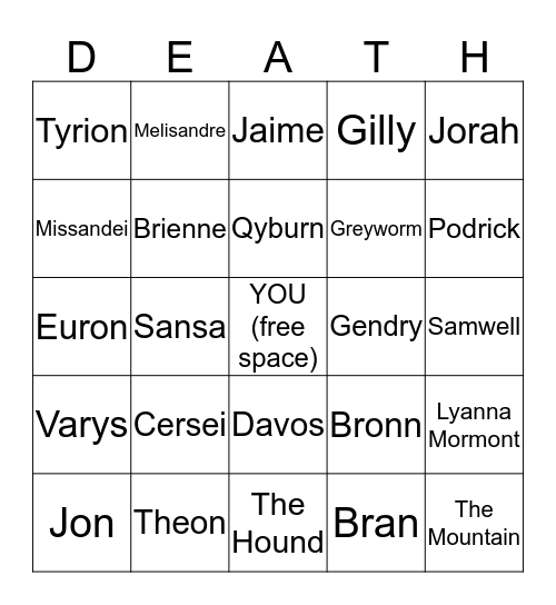 Endgame of Thrones Bingo Card