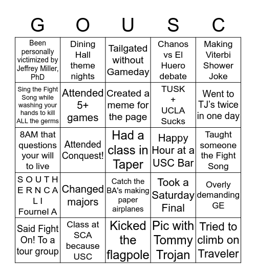 USC Bingo Card