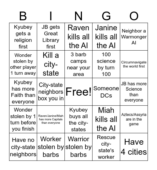 Civ 5 Bingo Card