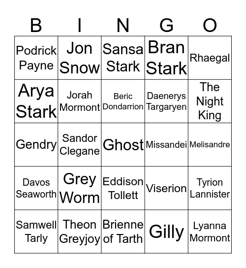 Valar Morghulis Bingo Card