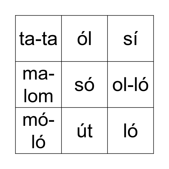 a, i, ó, m, s, t, e, l, u, ú Bingo Card