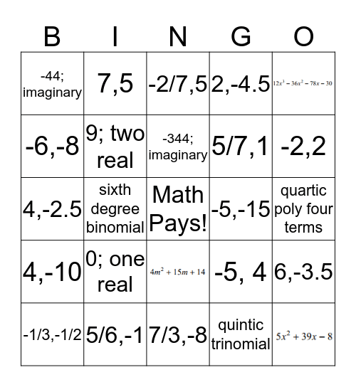 Quadratic Bingo Card