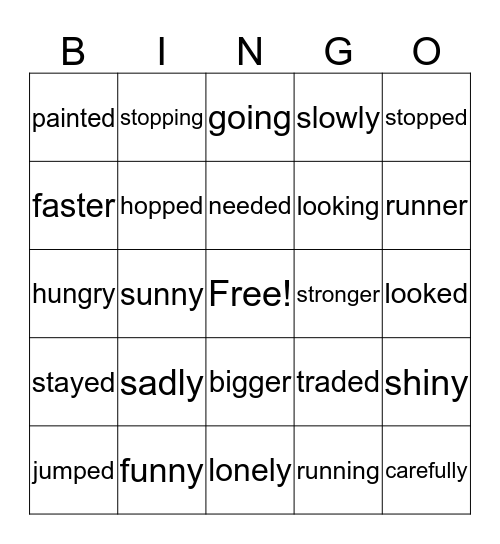 Word patterns at the END Bingo Card