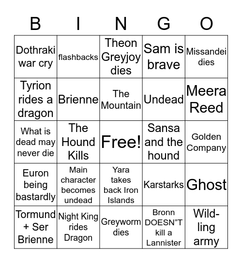 DIrty Precious- GOT 8 Ep 3 Bingo Card